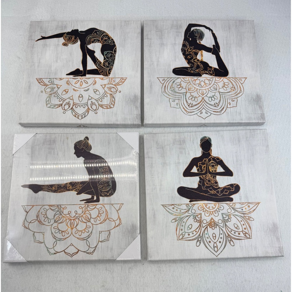 Set of 4 Yoga Pose Mandala Canvas Wall Art 12x12 Black Gold Boho Decor